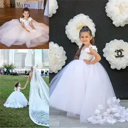 Платья с цветочным узором для девочек белое Пышное фатиновое детское нарядное платье ручной работы с цветами праздничная одежда для