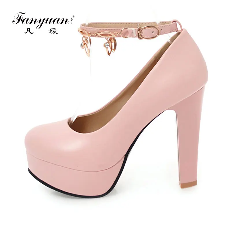 

Fanyuan 2018 Women Spring Heels Elegant Thin heels Pumps Ladies Buckle Strap Footwear Crystal Chain Female's Super High Heels