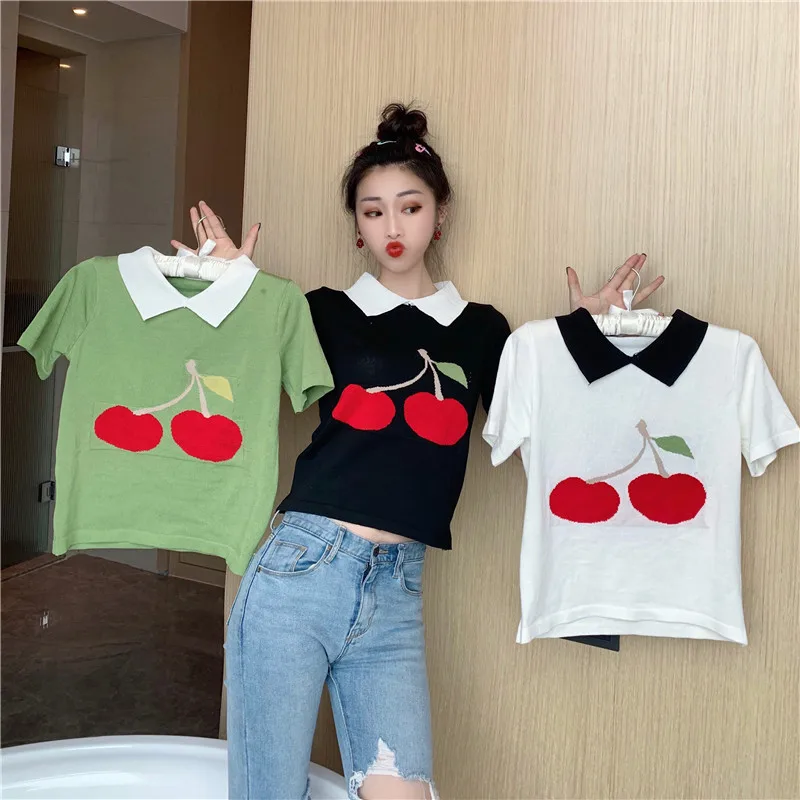 

Girls Sweet Knitted Cropped Tshirt Woman Short Sleeve Printing Cherry Knit Crop Tops T-shirts Female