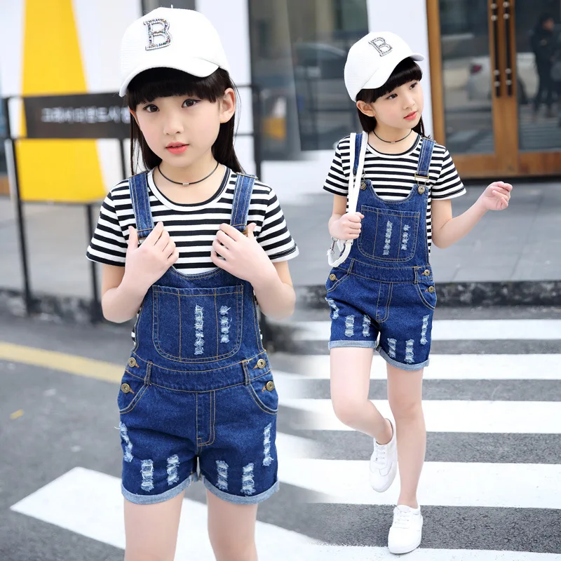 

Fashion 2018 New Big Girls Jeans Overalls Summer 4-15 Years Children Cowboy Strap Shorts Denim Jumpsuit Kids Overalls