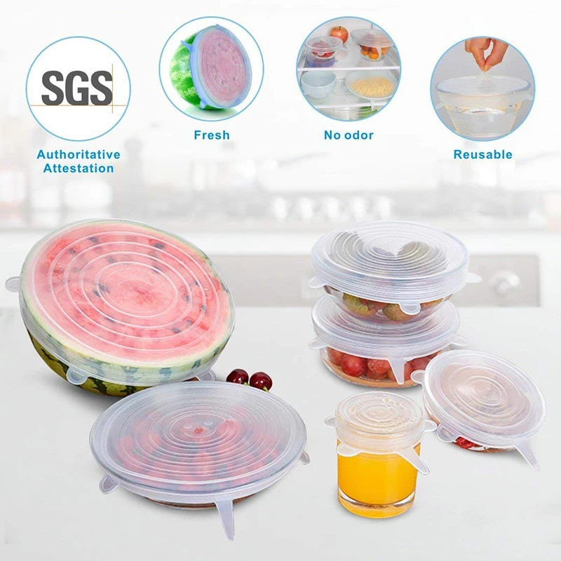 6Pcs Reusable Silicone Stretch Lids Wrap Bowl Seal Cover Kitchen Keep Food Fresh