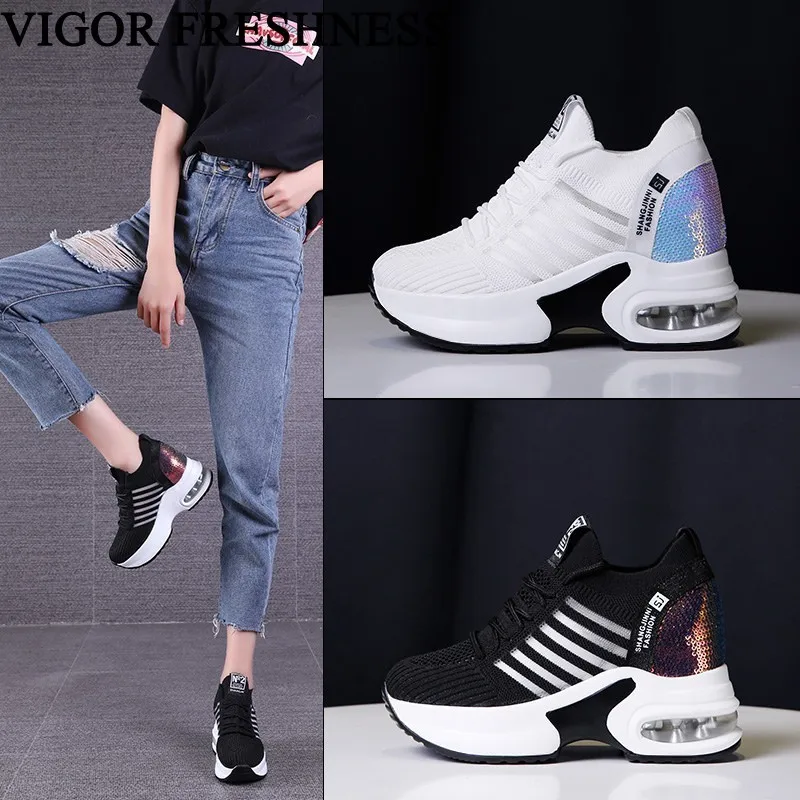 VIGOR FRESHNESS Shoes Summer Women Sneakers Sock 9CM Heels Mesh Woman White Sneakers Increase Internal Eyelet Shoes Cutout WY562