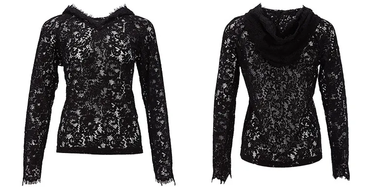 2018 Autumn Retro Literary Lace Long Sleeve V-neck Micro Elastic Hooded Ladies Polo Shirt Tops