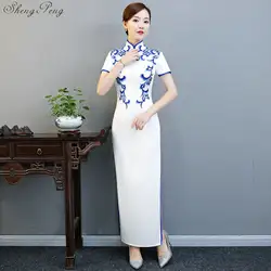 2019 Винтаж Cheongsam белый длинные Qipao платья для женщин для Китайская традиционная одежда пикантные восточное платье Ретро Халат Q743