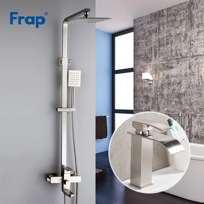 

Frap New Sets Wall Mounted Stainless Ssteel Rainfall Shower Faucet Set System With Basin Faucet Square Shower Head F2421+Y10137
