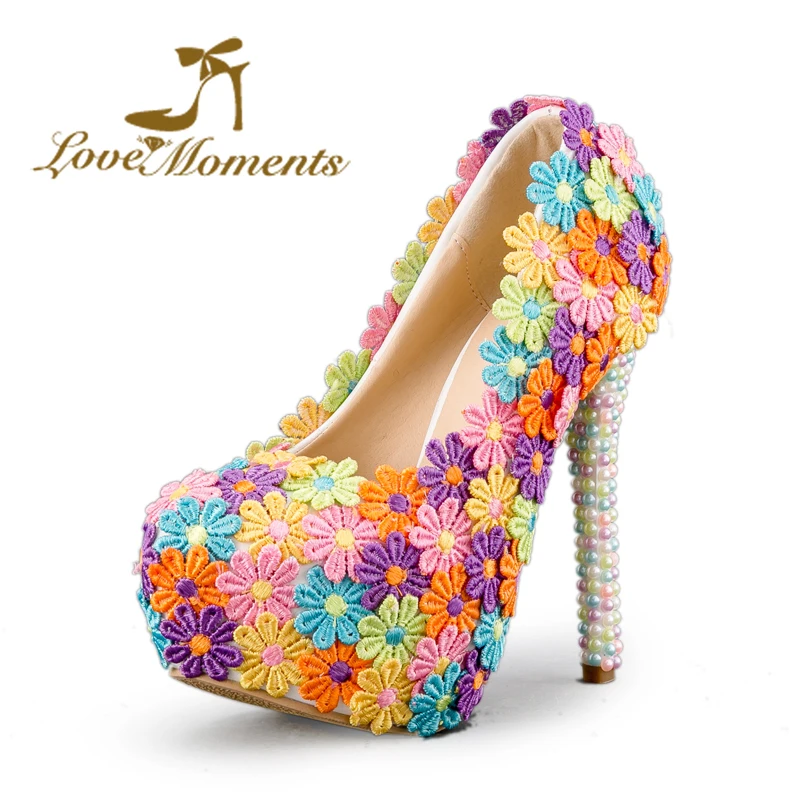 

Love Moments Multicolor Wedding dress Shoes Ladies Platform High Heel Evening Shoes Beautiful Lace Flower Pearl Bridesmaid Shoes