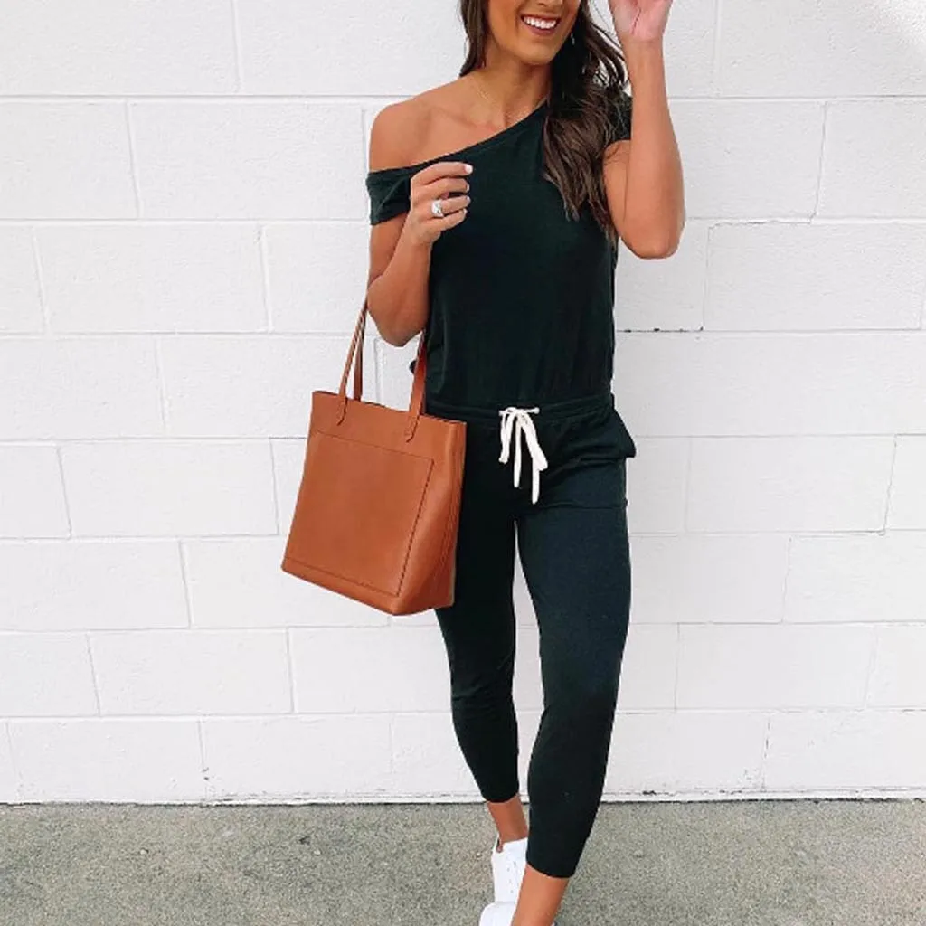

2019 Summer jumpsuit Fashion Women Loose Sexy Print Shoulder-Exposed Summer Short-Sleeved Jumpsuits Batik Polyester fiber L404A