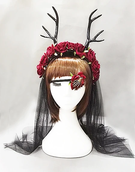 Оленьи рога оголовье розы folower вуаль Hairbands с Блиндер глаз патч для вечерние Рождество и Пасха Женские аксессуары для волос