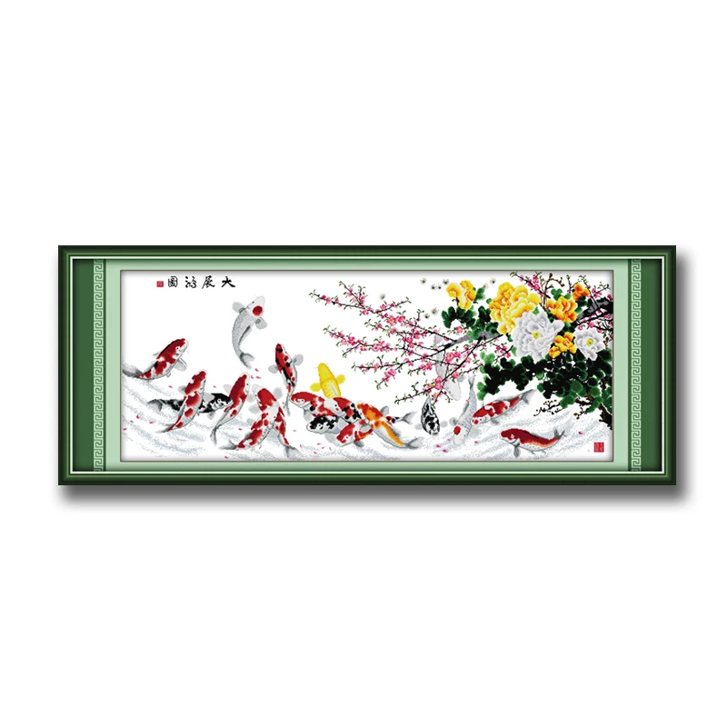 Рыбий удача пион Декор Картина Счетный принт на холсте DMC 14CT 11CT китайские наборы для вязания вышивка крестиком
