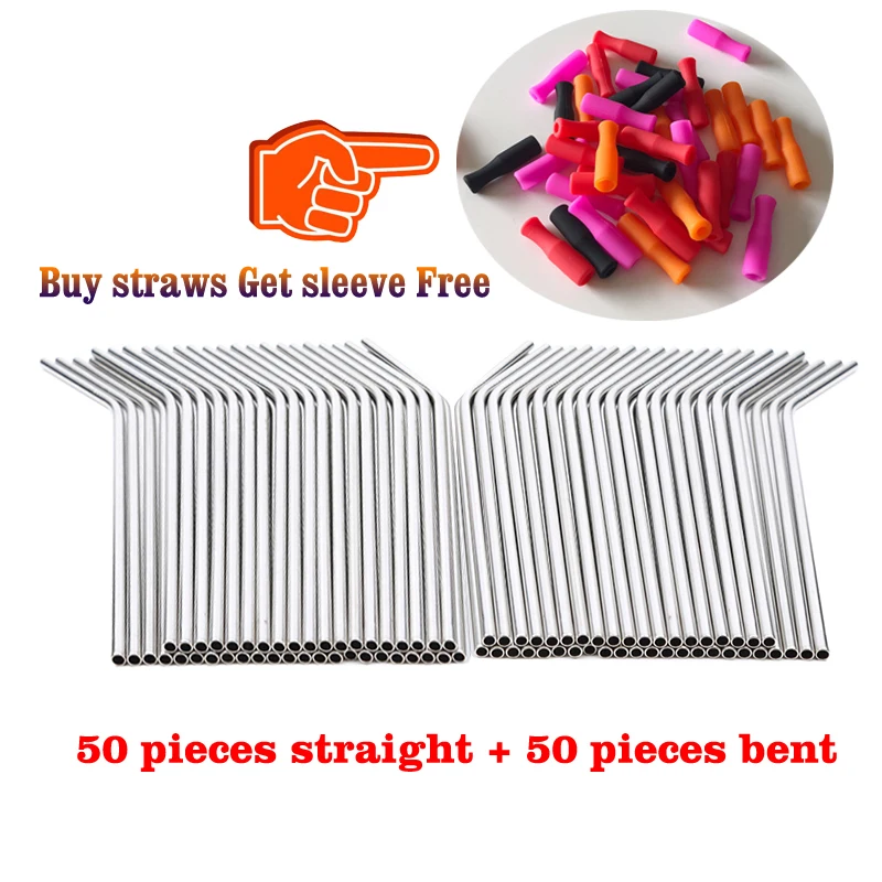

Reusable 100 Pieces Silver 6*215 mm Metal Straw Per Lot Eco Friendly Stainless Steel Straw Straight and Bent for Child and Adult