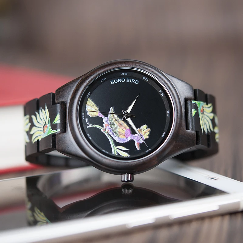 BOBO BIRD Top Brand Luxury P06 Men Chinese Element Painting Ebony Wood Watch Men Quartz Unique Wristwatch relogio masculino