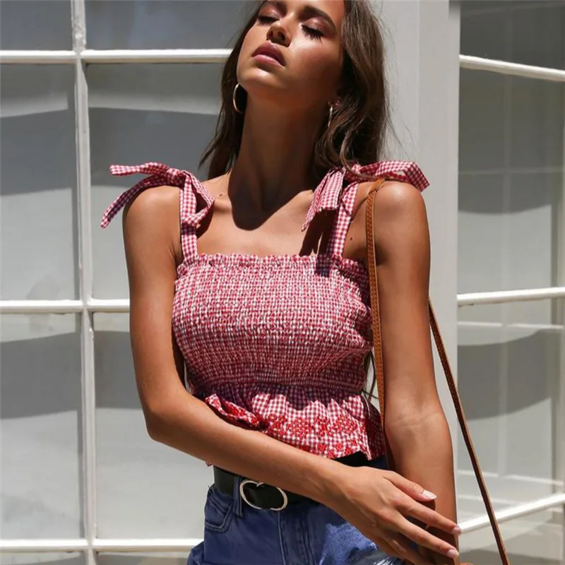 BKLD женские летние топы 2018 плед Tie Up Crop Top топики Оле жилет безрукавки для женщин