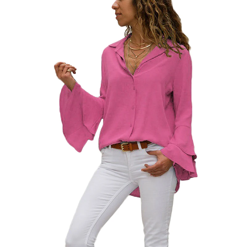 

Women Solid Color Single Breasted Chiffon Blouse Shirt Flare Long Sleeve Office Lady Blouse Autumn Casual Irregular Shirt 2019
