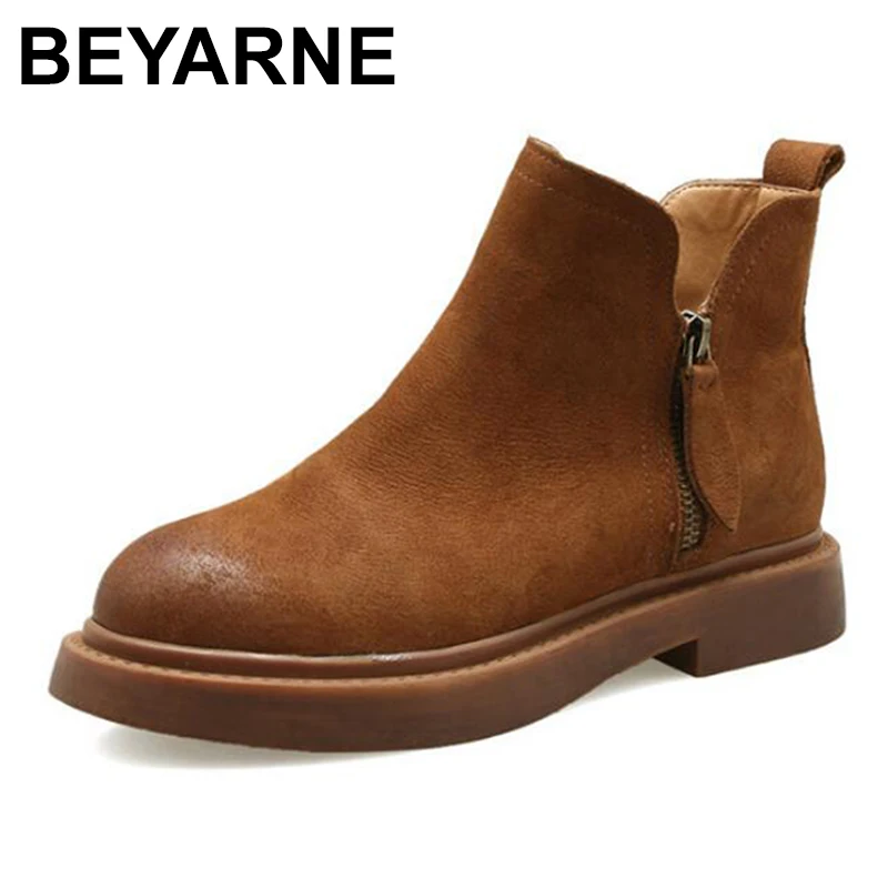 

BEYARNE Genuine leather women mar boots winter warm shoes botas feminina motorcycle ankle fashion women boots botas