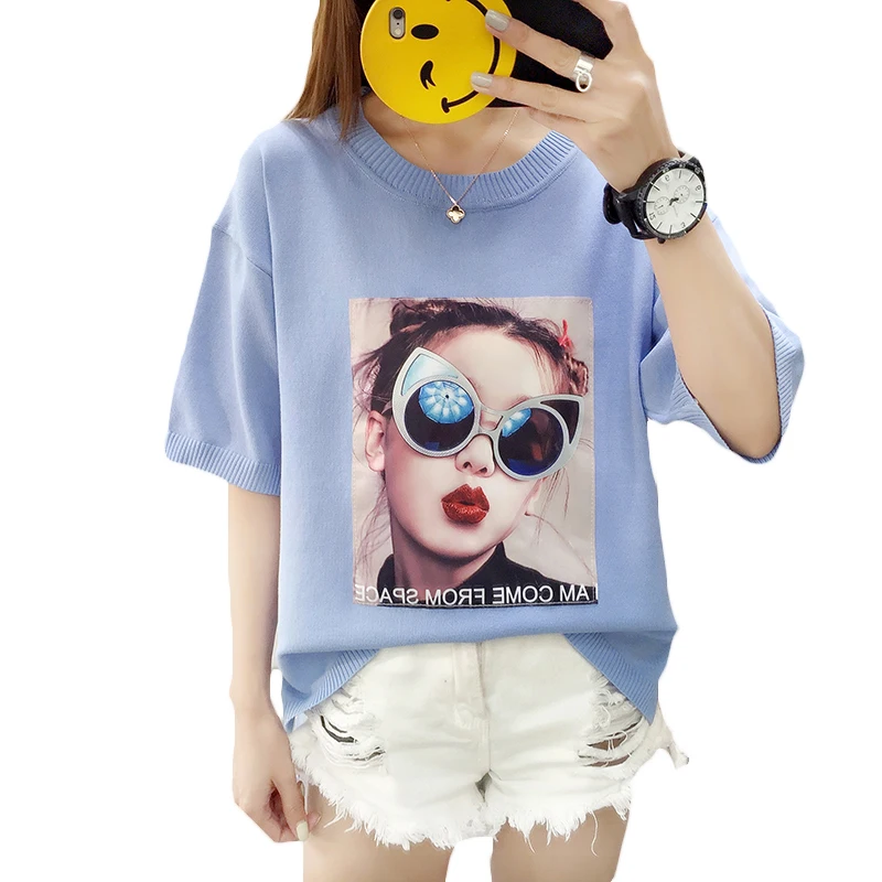 

Women Korean Harajuku Print Sweater Short Sleeve Summer Autumn Pullover Befree blusas de inverno feminina jumper pull femme