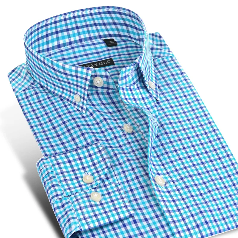 Men Casual Shirts Plaid Cotton Long Sleeve