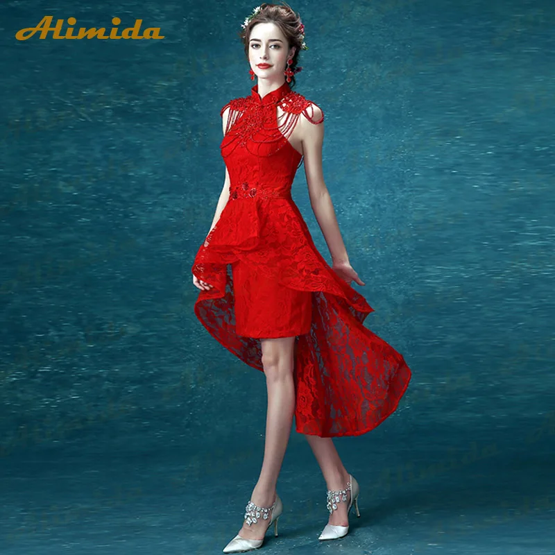 Alimida/вечернее платье, сексуальное, кружевное, с бисером сзади, короткие, длинные, вечерние, вечернее платье на заказ, robe de soiree - Цвет: Красный