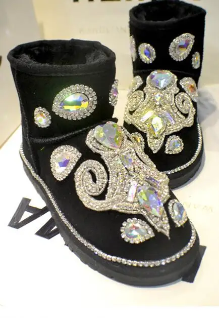 

2019 new love rhinestones leather boots gem low tube snow boots women warm cotton shoes winter thickening