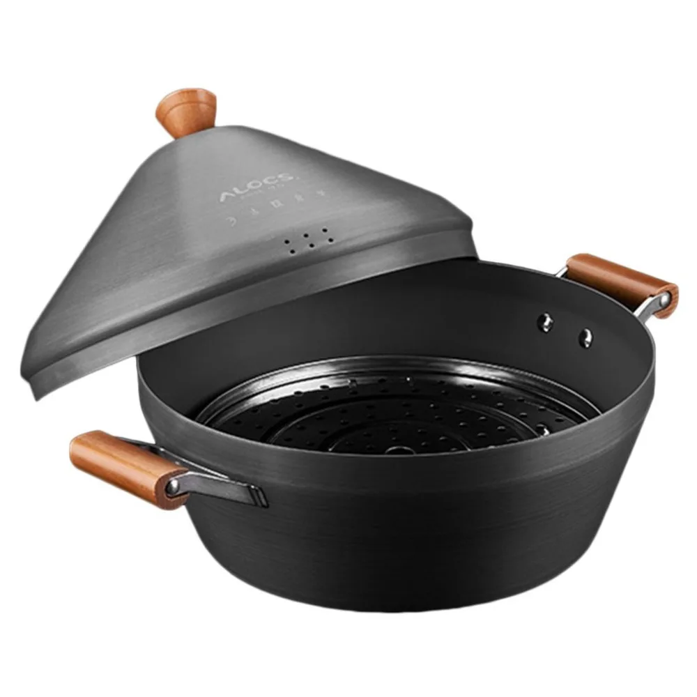 

ALOCS CW-C37 Outdoor Camping Pot Large Stream Pot Portable Hot Pot With Wood Handle Travel Pot For 8-10 People Hot