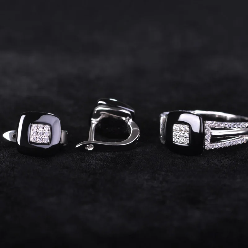 

Blucome Rhinestone CZ Zircon Ring&Earring Jewelry Set For Women Hot Ceramic Brincos Studs Square Black Copper Rings Femme Bijoux