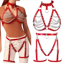 Сексуальное белье с ремешками из натуральной кожи, пояс для подвязки, набор, красный бюстгальтер для связывания, Harajuku, панк, готический танец, Рейв для женщин, регулируемые Топы