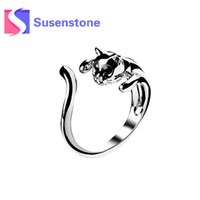 

2019 New Design Plated Cute Cat with Black Eyes Opening Ring Female Fashion Accessories Vintage Jewelry Silver Wholesale Gifts