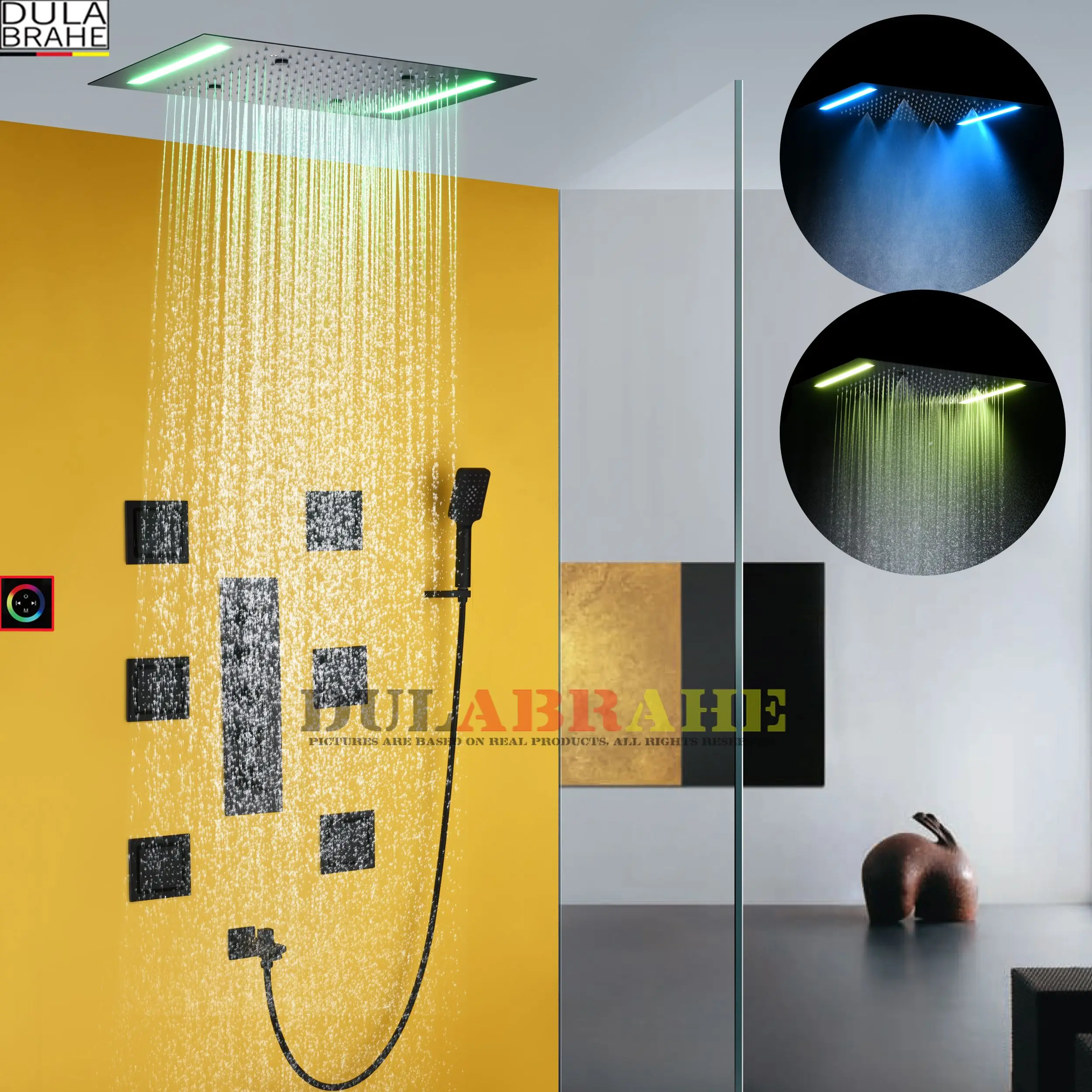 

Bathroom Shower Faucet Set Hot And Cold Thermostatic Bath Mixer Rain LED Control Panel Rainfall Shower Head