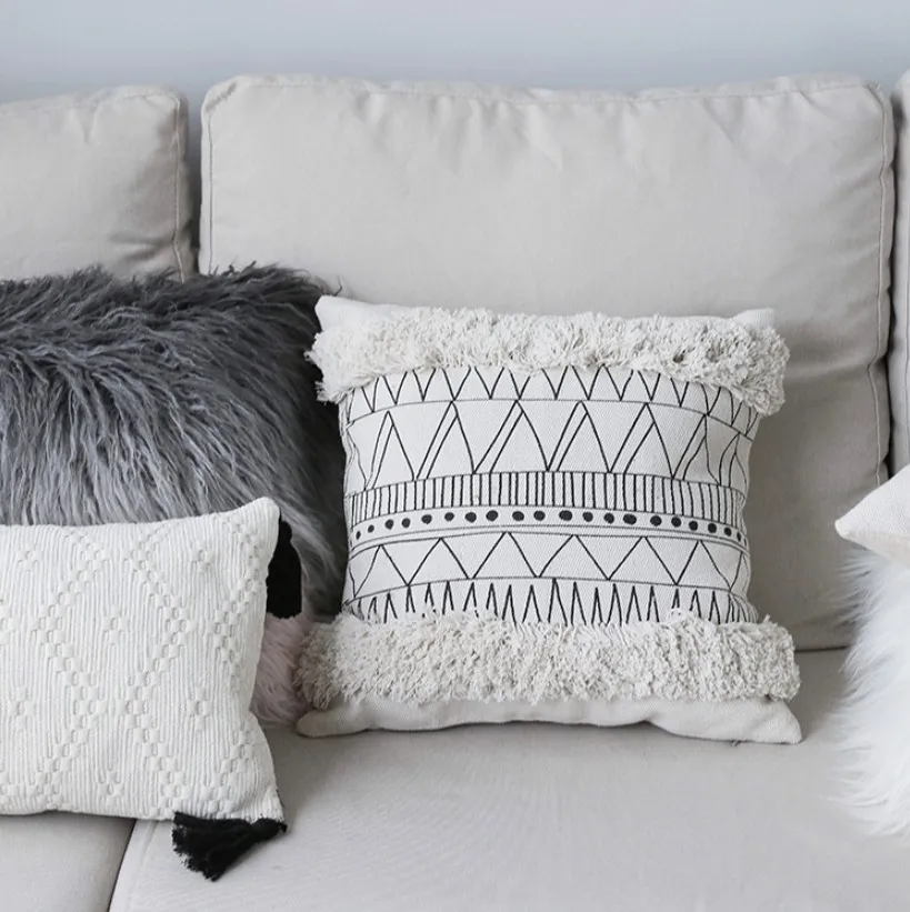 

Morocco Cushion Cover Decorative Pillow Case Nordic Geometric White Black Lines Tassels Modern Home Office Sofa Chair Decor
