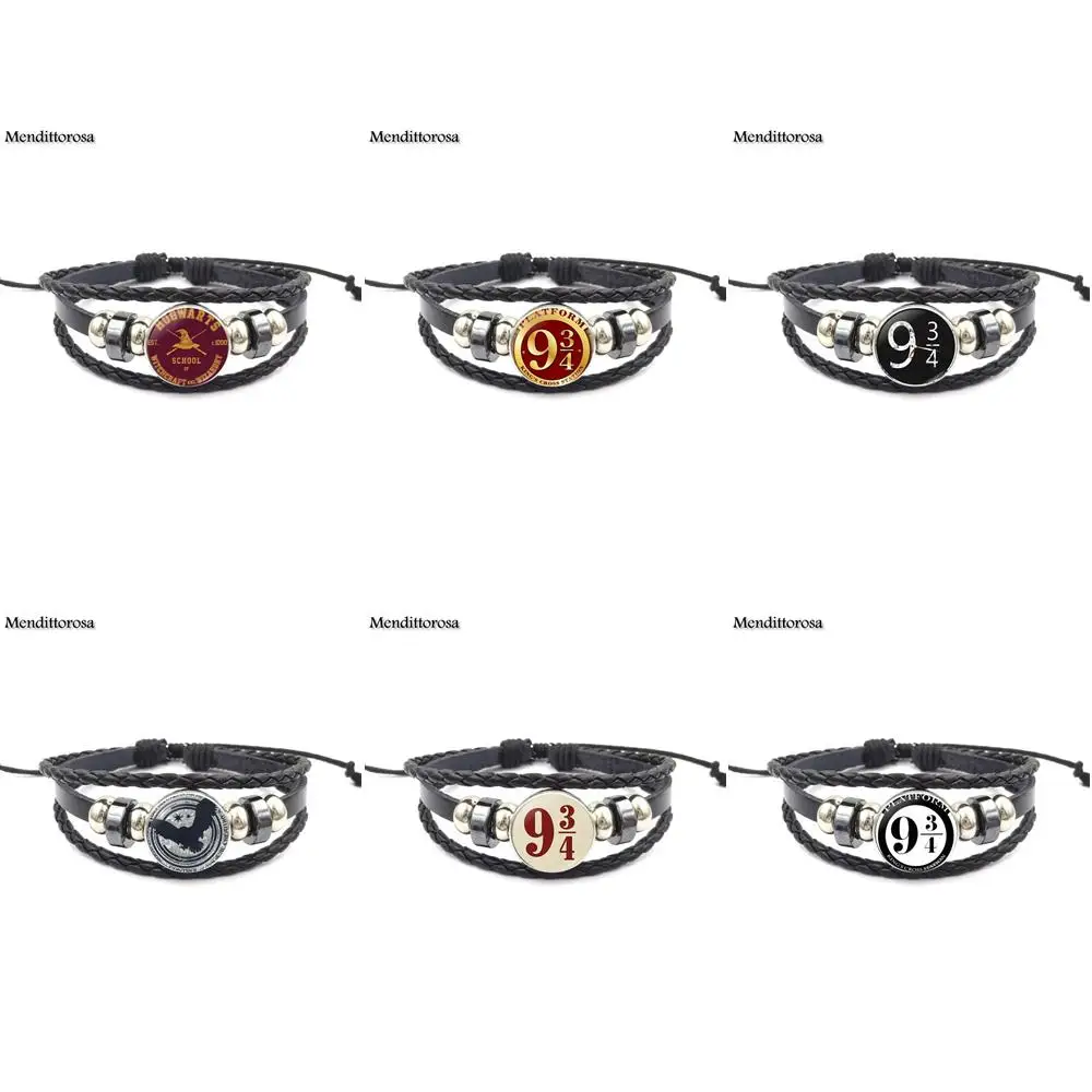 Mendittorosa Vintage Fashion Glass Black Leather Bracelet Bangles Jewelry Handmade For Girl Platform 9 34 Hogwart Express | Украшения и