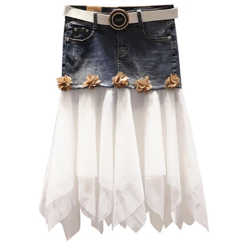 

Denim skirt women spring new fashion Three-dimensional flower mesh patchwork high waist package hip jeans skirt