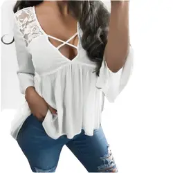 Белый Черный Кружева Шифоновая блузка Рубашки с рукавами 3/4 сексуальные рубашки крест v-образным вырезом Для женщин Повседневное Блузы
