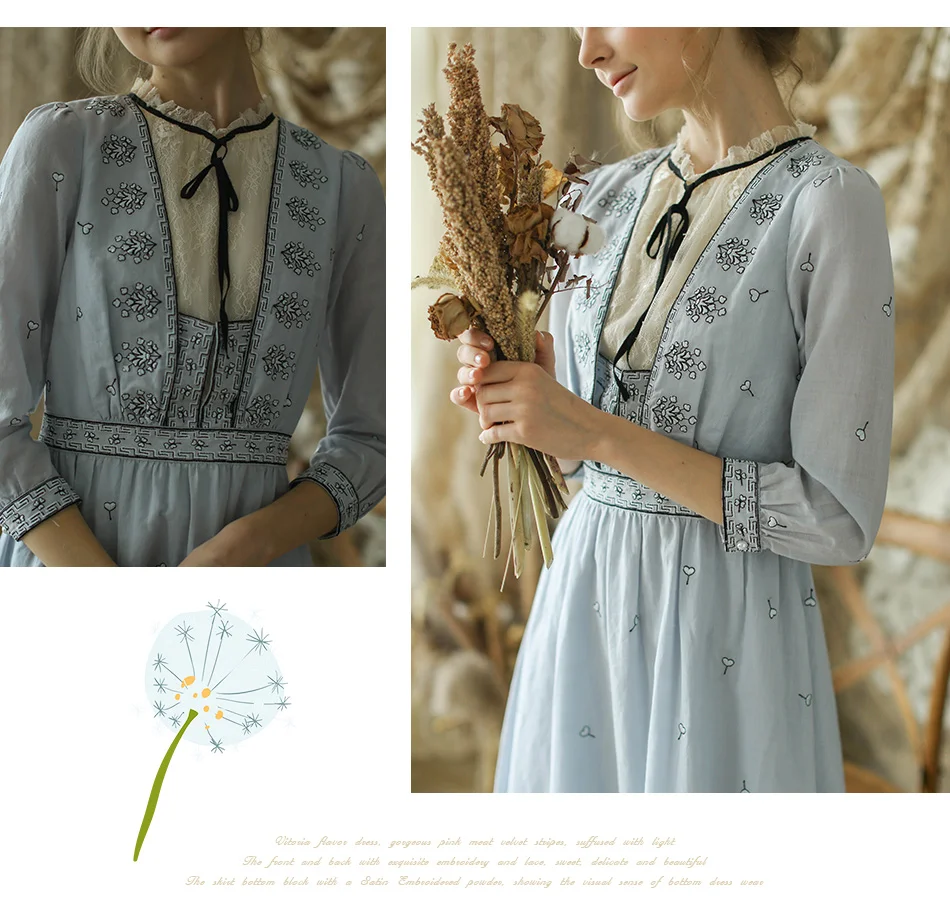 Дизайн; сезон весна-лето; синее Хлопковое платье миди из рами для женщин; винтажное Элегантное Длинное Платье с вышивкой для девочек в стиле Mori