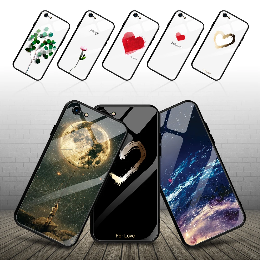 

Tempered Glass Case For iPhone X XS Max XR Lovely Heart Hard Back Cover Soft Silicone Bumper For iPhone 7 6S 8 Plus 6 Plus Cases