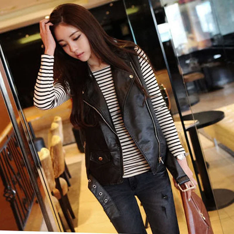 Leather Vests Women Fashion 2014 Women Vest Pu Leather Vest Winter Belt