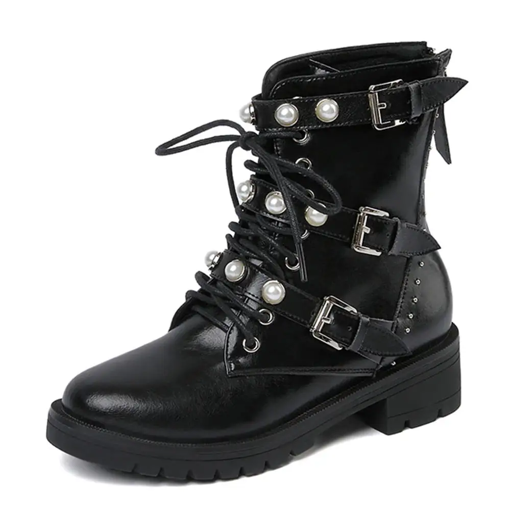 Doratasia/фирменный дизайн, размер 40, сапоги из натуральной кожи, женская обувь с жемчугом, повседневные ботинки с пряжкой, женские ботильоны - Цвет: Черный