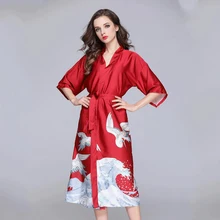 Женская Длинная атласная ночная рубашка с принтом, женское сексуальное кимоно, банное платье невесты, подружки невесты, свадебное платье, гейша, ночное платье, подарок