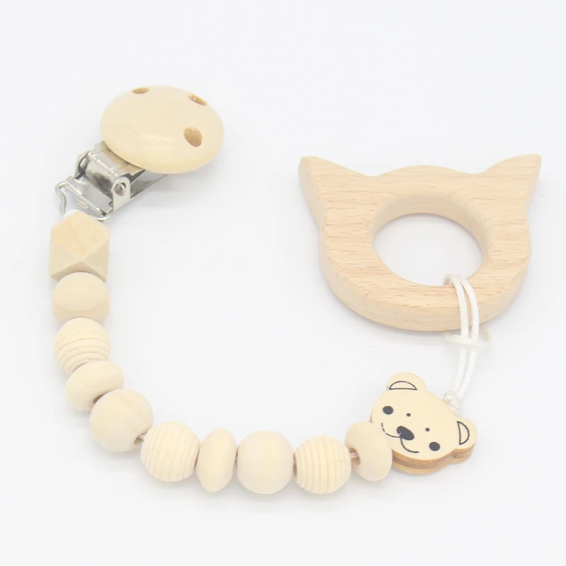 XCQGH Newborn Pacifier Nipple Holder Clip Baby Attache Sucette Cute Wooden Bear Round Beads Teether Soother Strap Chain