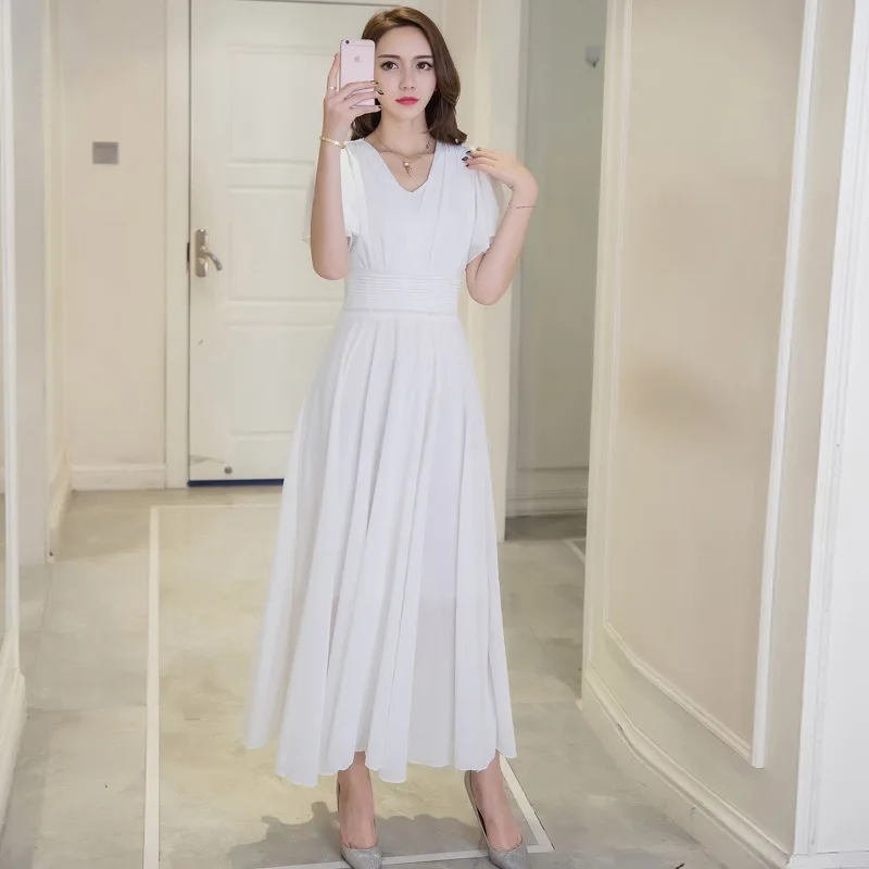 

Bohemian Chiffon V Neck Tunic Draped Maxi Dress Women Elegant Sweet Office Party Beach Boho Dress Summer Sundress Lady Clothes