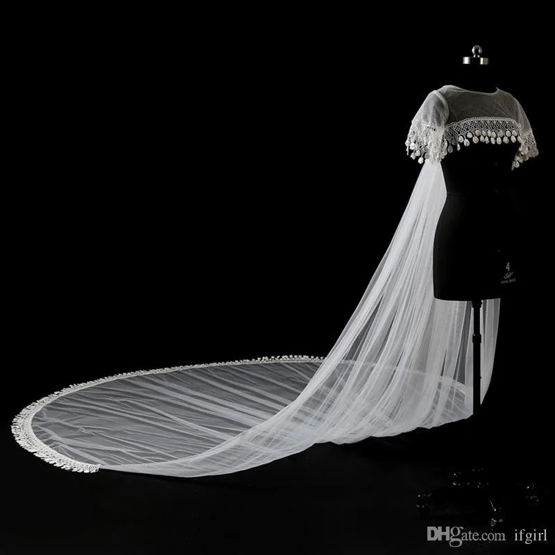 

2019 Sheer Jewel Neck Short Sleeve 3M Cathedral Train Wedding Bridal Wraps Applique Lace Wedding Bridal Capes