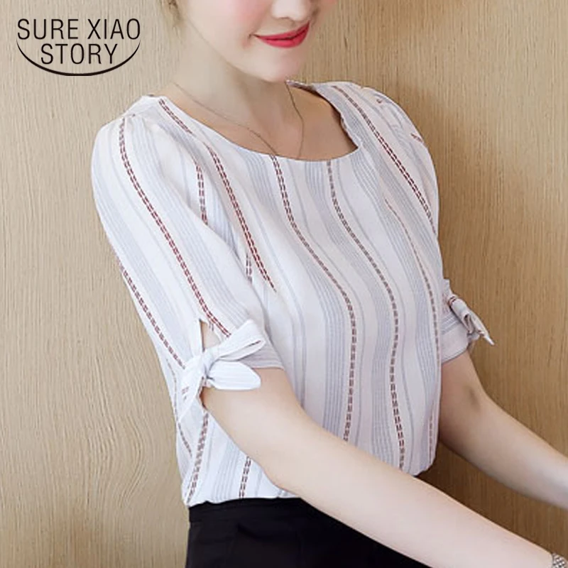 

2018 new fashion women tops summer sweet lady short sleeved blouses shirts chiffon o-neck striped casual women clothing 0563 40