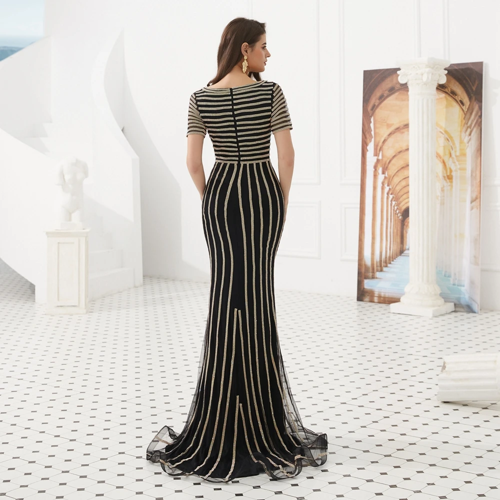 Evening Dresses Party Long 2019 Black Rhinestone Sheer Neck Short Sleeves Mermaid Dubai Mermaid Sexy Prom Gowns Walk Beside You