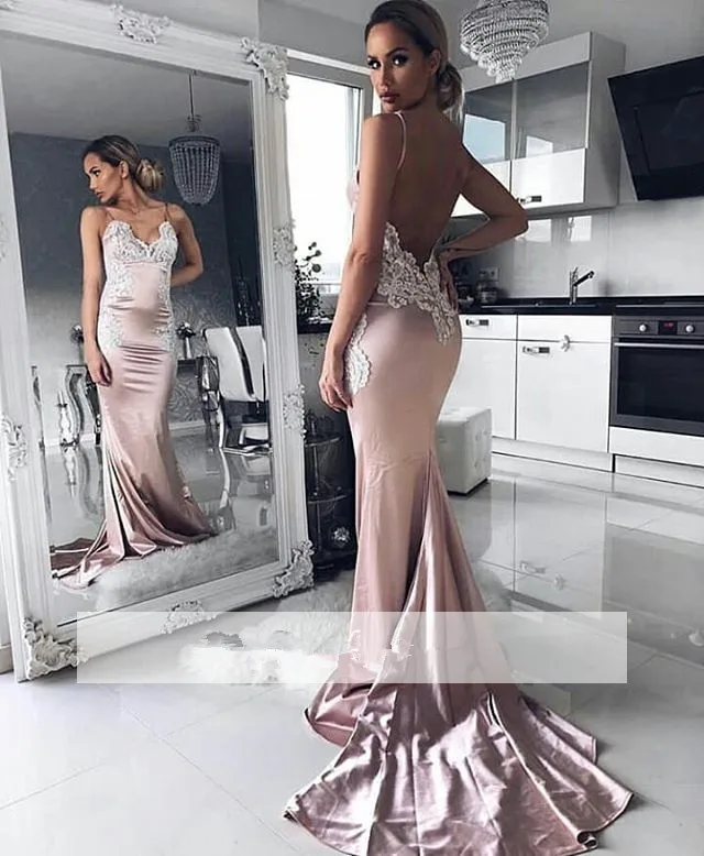 

Backless 2019 Prom Dresses Mermaid Spaghetti Straps Appliques Lace Party Maxys Long Prom Gown Evening Dresses Robe De Soiree