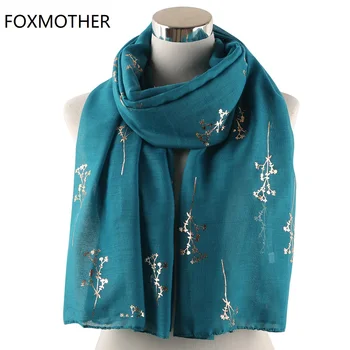 

FOXMOTHER New Teal Pink Yellow Floral Tree Branches Foil Gold Scarf Shawl Wraps Foulard Hijab Glitter Scarves Ladies Women