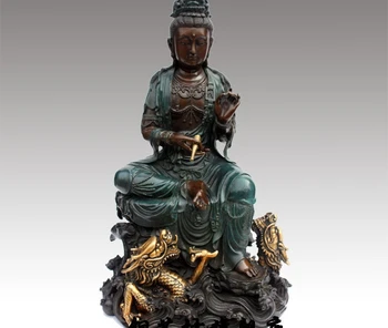 

16" China Tibet Bronze Guanyin Kwan-yin Bodhisattva Sit Dragon Brass Statue
