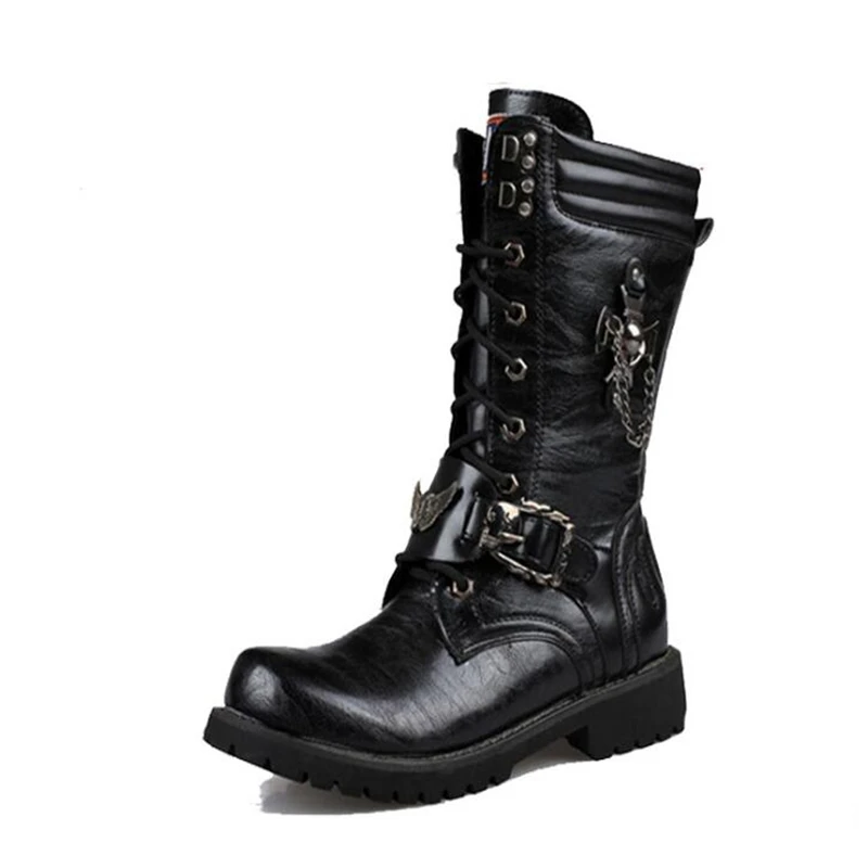 Kaufen Männer Leder Motorrad Stiefel Mid kalb Militär Kampf Stiefel Gothic Gürtel Punk Stiefel Männer Schuhe Taktische Armee Boot