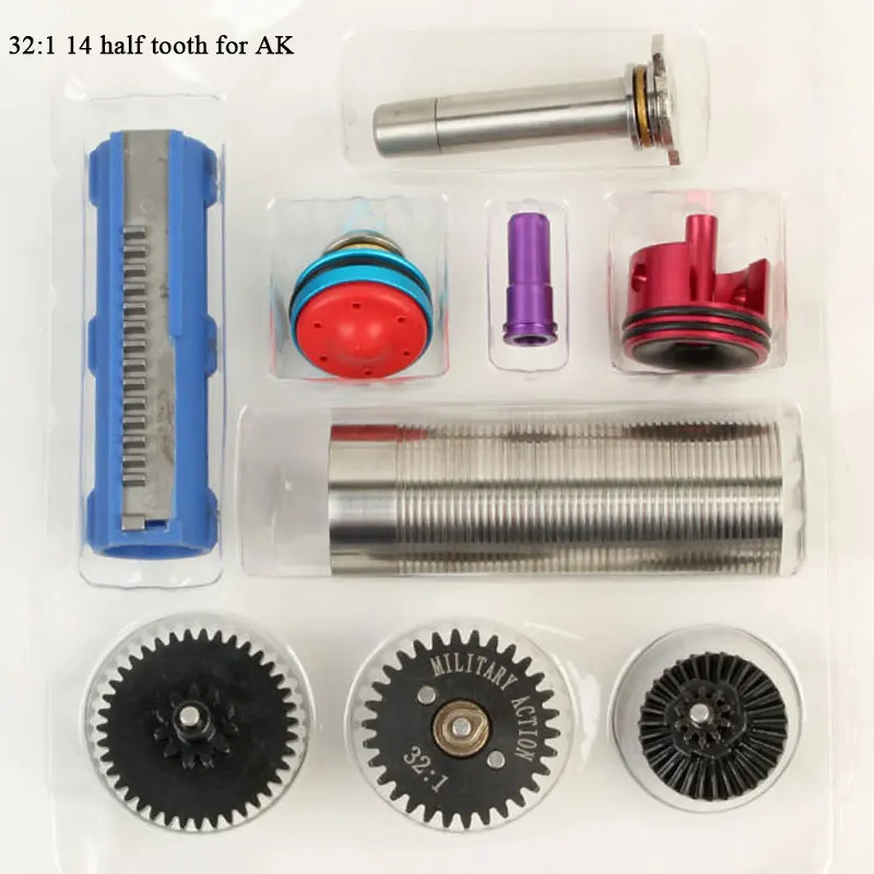 

32:1 High Speed Gear 14 Half Tooth Piston stainless Cylinder Piston Head Spring Guide Nozzle Tune-Up Set for M4/AK V.2/3 Airsoft