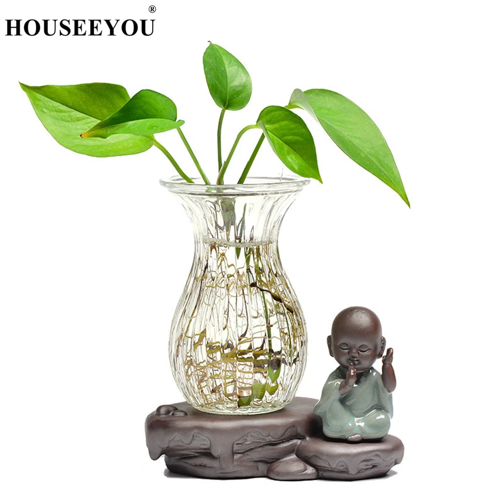Цветочный горшок Zen Buddha Monk Style с прозрачной стеклянной вазой для гидропонных