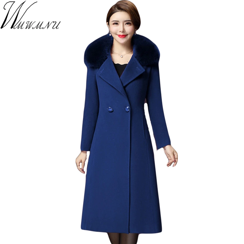 

2018 Autumn Winter Wool Coat Women fake fur collar Long Parka Jacket Female Single-Breasted Maxi Woolen Coats Overcoat