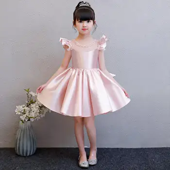 

2019 Kids Girl Elegant Mesh Princess Party Prom Gown Baby Girl Beads Pleated Wedding Vestido Children First Communion Dress Q607