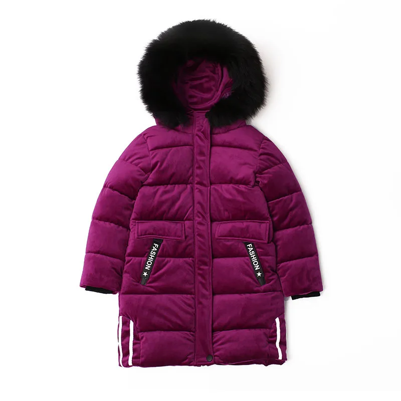 Теплая одежда для девочек на холодную зиму длинное пальто из плюша плотная теплая куртка с капюшоном, коллекция года, Детская Верхняя одежда Детские зимние парки для детей возрастом от 4 до 14 лет - Цвет: purple